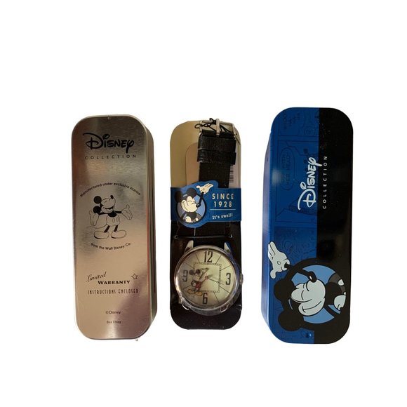 Mickey Mouse Big Face Watch Leather Band Collectors Tin SII Marketing Internat'l - Picture 3 of 8
